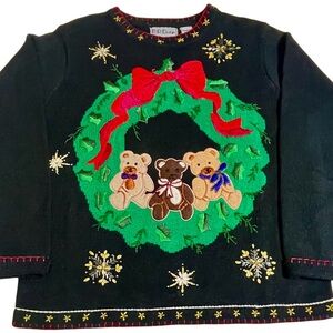 Festive Black Sweater with Teddy Bear Wreath Design Excellent Condition Size M